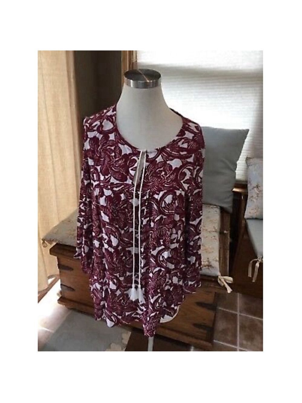 Loft Burgundy Floral Blouse Long Sleeve XS